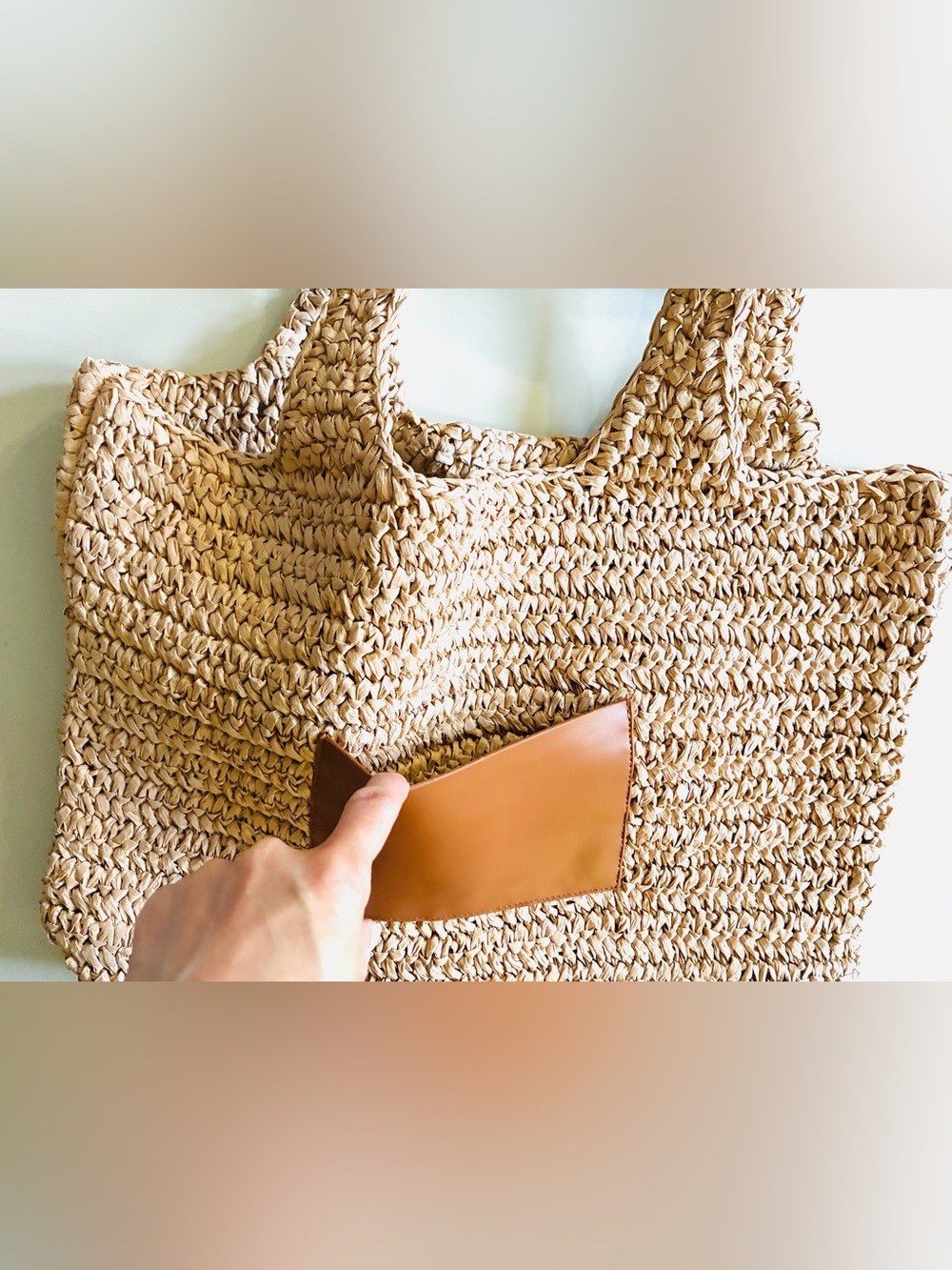 J. Crew Factory Packable straw tote bag Natural Straw Tote with Tan Patch.NWT. - Picture 9 of 16